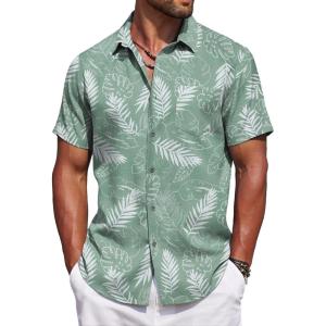 imageCOOFANDY Mens Summer Beach Vacation Shirt Casual Button Down Short Sleeve Shirt Hawaiian Tropical Resort WearSilhouette Leavesgrey Green