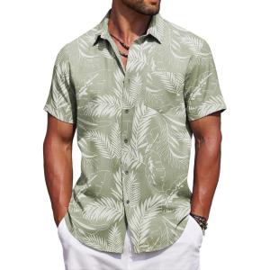 imageCOOFANDY Mens Summer Beach Vacation Shirt Casual Button Down Short Sleeve Shirt Hawaiian Tropical Resort WearSilhouette Leaveslight Green