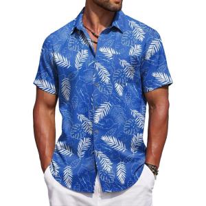 imageCOOFANDY Mens Summer Beach Vacation Shirt Casual Button Down Short Sleeve Shirt Hawaiian Tropical Resort WearSilhouette Leavesroyal Blue