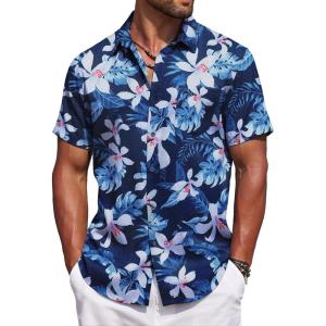 imageCOOFANDY Mens Summer Beach Vacation Shirt Casual Button Down Short Sleeve Shirt Hawaiian Tropical Resort WearTropical Flowers Navy Blue