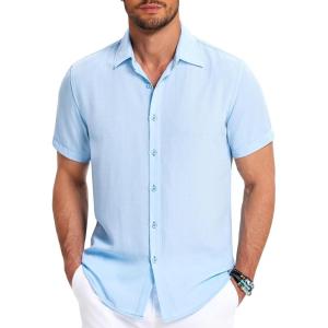 imageCOOFANDY Mens Button Down Shirt Short Sleeve Casual Shirts for Summer Beach Vacation ShirtsClear Blue
