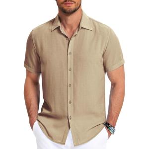 imageCOOFANDY Mens Button Down Shirt Short Sleeve Casual Shirts for Summer Beach Vacation ShirtsKhaki