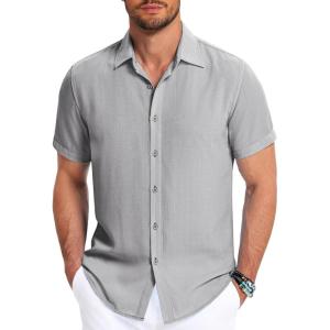 imageCOOFANDY Mens Button Down Shirt Short Sleeve Casual Shirts for Summer Beach Vacation ShirtsLight Grey
