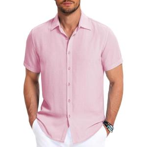 imageCOOFANDY Mens Button Down Shirt Short Sleeve Casual Shirts for Summer Beach Vacation ShirtsPink