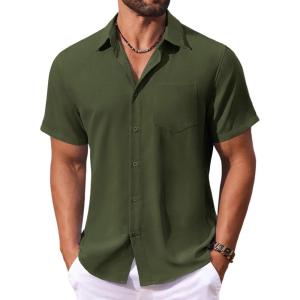 imageCOOFANDY Mens Button Down Shirts Short Sleeve Casual Summer Shirts Beach Wedding Shirt with PocketArmy Green