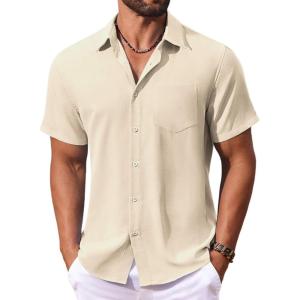 imageCOOFANDY Mens Button Down Shirts Short Sleeve Casual Summer Shirts Beach Wedding Shirt with PocketBeige