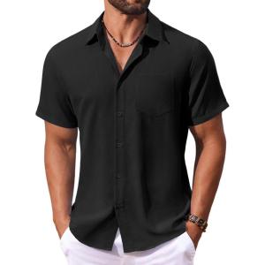 imageCOOFANDY Mens Button Down Shirts Short Sleeve Casual Summer Shirts Beach Wedding Shirt with PocketBlack