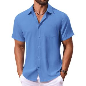 imageCOOFANDY Mens Button Down Shirts Short Sleeve Casual Summer Shirts Beach Wedding Shirt with PocketBlue