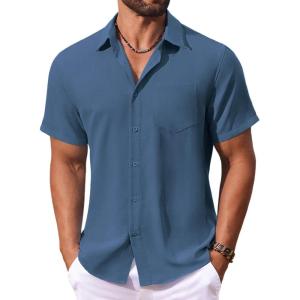 imageCOOFANDY Mens Button Down Shirts Short Sleeve Casual Summer Shirts Beach Wedding Shirt with PocketGrey Blue