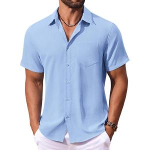imageCOOFANDY Mens Button Down Shirts Short Sleeve Casual Summer Shirts Beach Wedding Shirt with PocketLight Blue