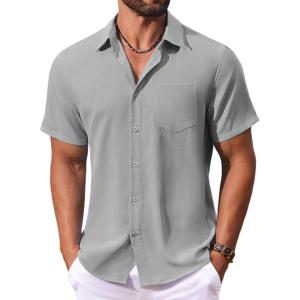 imageCOOFANDY Mens Button Down Shirts Short Sleeve Casual Summer Shirts Beach Wedding Shirt with PocketLight Grey