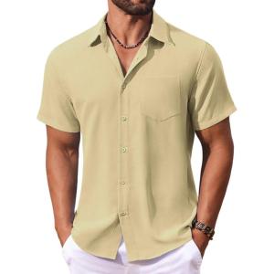 imageCOOFANDY Mens Button Down Shirts Short Sleeve Casual Summer Shirts Beach Wedding Shirt with PocketLight Khaki