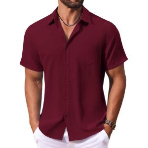 imageCOOFANDY Mens Button Down Shirts Short Sleeve Casual Summer Shirts Beach Wedding Shirt with PocketWine Red