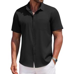 imageCOOFANDY Mens Casual Button Down Shirts Short Sleeve Business Shirts Lightweight Wrinkle Free Dress ShirtsAblack