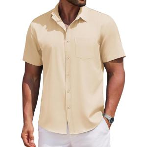 imageCOOFANDY Mens Casual Button Down Shirts Short Sleeve Business Shirts Lightweight Wrinkle Free Dress ShirtsBeige