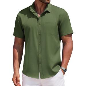 imageCOOFANDY Mens Casual Button Down Shirts Short Sleeve Business Shirts Lightweight Wrinkle Free Dress ShirtsDark Army Green