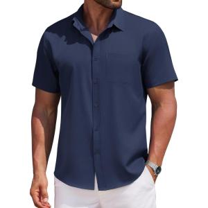 imageCOOFANDY Mens Casual Button Down Shirts Short Sleeve Business Shirts Lightweight Wrinkle Free Dress ShirtsDark Blue