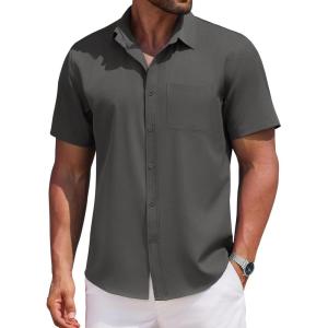 imageCOOFANDY Mens Casual Button Down Shirts Short Sleeve Business Shirts Lightweight Wrinkle Free Dress ShirtsDark Gray