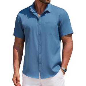 imageCOOFANDY Mens Casual Button Down Shirts Short Sleeve Business Shirts Lightweight Wrinkle Free Dress ShirtsGray Blue
