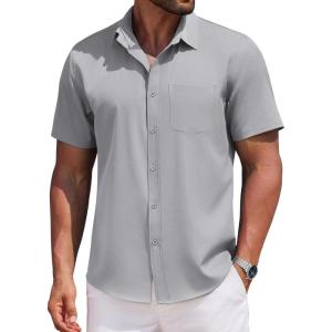 imageCOOFANDY Mens Casual Button Down Shirts Short Sleeve Business Shirts Lightweight Wrinkle Free Dress ShirtsLight Gray