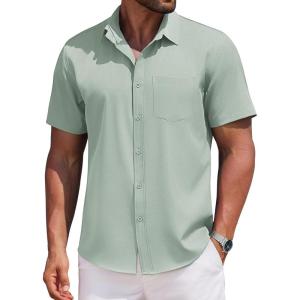 imageCOOFANDY Mens Casual Button Down Shirts Short Sleeve Business Shirts Lightweight Wrinkle Free Dress ShirtsLight Green