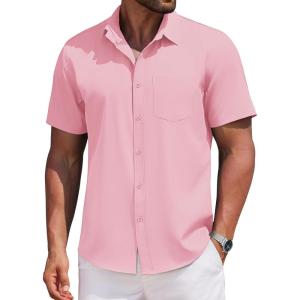 imageCOOFANDY Mens Casual Button Down Shirts Short Sleeve Business Shirts Lightweight Wrinkle Free Dress ShirtsPink