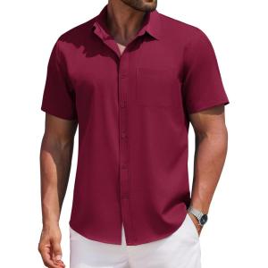 imageCOOFANDY Mens Casual Button Down Shirts Short Sleeve Business Shirts Lightweight Wrinkle Free Dress ShirtsWine Red