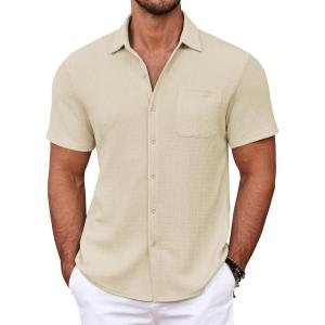 imageCOOFANDY Mens Casual Button Down Shirts Short Sleeve Textured Shirt Summer Untucked Vacation Beach Wedding ShirtsBeige