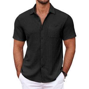 imageCOOFANDY Mens Casual Button Down Shirts Short Sleeve Textured Shirt Summer Untucked Vacation Beach Wedding ShirtsBlack