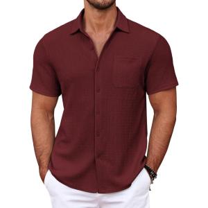 imageCOOFANDY Mens Casual Button Down Shirts Short Sleeve Textured Shirt Summer Untucked Vacation Beach Wedding ShirtsBurgundy