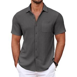 imageCOOFANDY Mens Casual Button Down Shirts Short Sleeve Textured Shirt Summer Untucked Vacation Beach Wedding ShirtsDark Grey