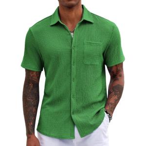 imageCOOFANDY Mens Casual Button Down Shirts Short Sleeve Textured Shirt Summer Untucked Vacation Beach Wedding ShirtsGreen