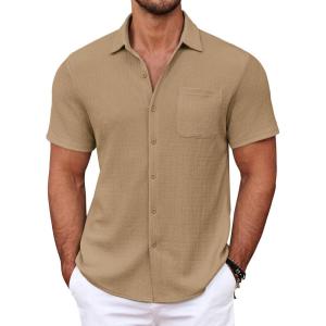 imageCOOFANDY Mens Casual Button Down Shirts Short Sleeve Textured Shirt Summer Untucked Vacation Beach Wedding ShirtsKhaki