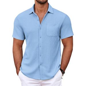 imageCOOFANDY Mens Casual Button Down Shirts Short Sleeve Textured Shirt Summer Untucked Vacation Beach Wedding ShirtsLight Blue