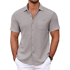 imageCOOFANDY Mens Casual Button Down Shirts Short Sleeve Textured Shirt Summer Untucked Vacation Beach Wedding ShirtsLight Grey