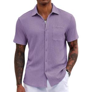 imageCOOFANDY Mens Casual Button Down Shirts Short Sleeve Textured Shirt Summer Untucked Vacation Beach Wedding ShirtsLight Purple