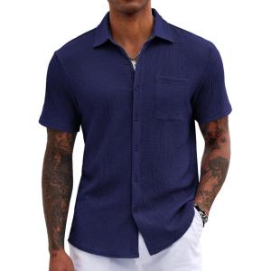 imageCOOFANDY Mens Casual Button Down Shirts Short Sleeve Textured Shirt Summer Untucked Vacation Beach Wedding ShirtsNavy