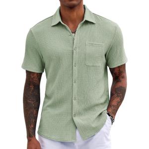 imageCOOFANDY Mens Casual Button Down Shirts Short Sleeve Textured Shirt Summer Untucked Vacation Beach Wedding ShirtsSage Green