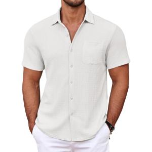 imageCOOFANDY Mens Casual Button Down Shirts Short Sleeve Textured Shirt Summer Untucked Vacation Beach Wedding ShirtsWhite