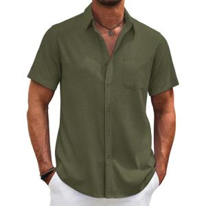 imageCOOFANDY Mens Cotton Linen Shirts Casual Beach Shirts Short Sleeve Button Down Shirts Summer Vacation ShirtsArmy Green