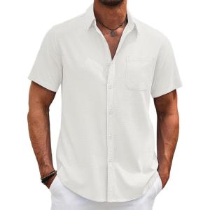 imageCOOFANDY Mens Cotton Linen Shirts Casual Beach Shirts Short Sleeve Button Down Shirts Summer Vacation ShirtsAwhite