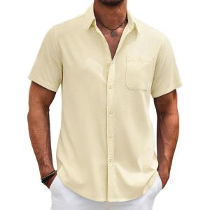 imageCOOFANDY Mens Cotton Linen Shirts Casual Beach Shirts Short Sleeve Button Down Shirts Summer Vacation ShirtsBeige
