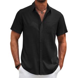 imageCOOFANDY Mens Cotton Linen Shirts Casual Beach Shirts Short Sleeve Button Down Shirts Summer Vacation ShirtsBlack