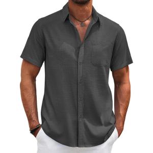 imageCOOFANDY Mens Cotton Linen Shirts Casual Beach Shirts Short Sleeve Button Down Shirts Summer Vacation ShirtsDark Gray