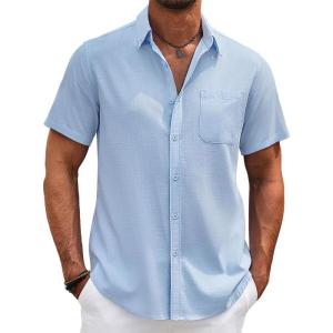 imageCOOFANDY Mens Cotton Linen Shirts Casual Beach Shirts Short Sleeve Button Down Shirts Summer Vacation ShirtsLight Blue