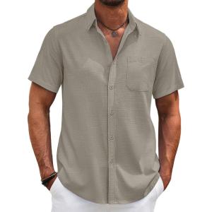 imageCOOFANDY Mens Cotton Linen Shirts Casual Beach Shirts Short Sleeve Button Down Shirts Summer Vacation ShirtsLight Gray