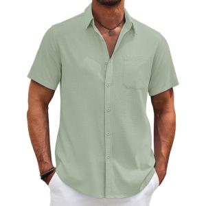 imageCOOFANDY Mens Cotton Linen Shirts Casual Beach Shirts Short Sleeve Button Down Shirts Summer Vacation ShirtsLight Green