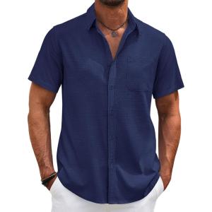 imageCOOFANDY Mens Cotton Linen Shirts Casual Beach Shirts Short Sleeve Button Down Shirts Summer Vacation ShirtsNavy Blue
