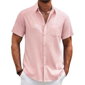 imageCOOFANDY Mens Cotton Linen Shirts Casual Beach Shirts Short Sleeve Button Down Shirts Summer Vacation ShirtsPink