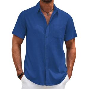 imageCOOFANDY Mens Cotton Linen Shirts Casual Beach Shirts Short Sleeve Button Down Shirts Summer Vacation ShirtsRoyal Blue